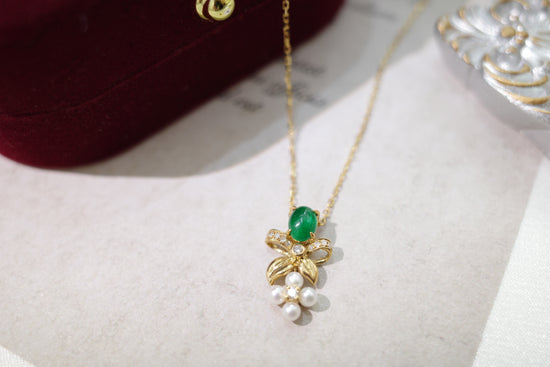 18K GOLD EMERALD PEARL NECKLACE ｜Gne0002